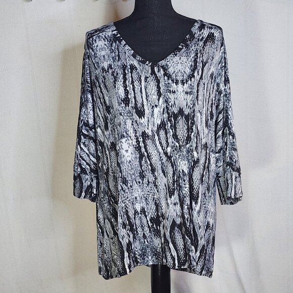 Apt. 9 Black Grey White Rayon Span Snake Print 3/4 Sleeve Scoop Neck Tunic Sz 1X - Picture 1 of 16